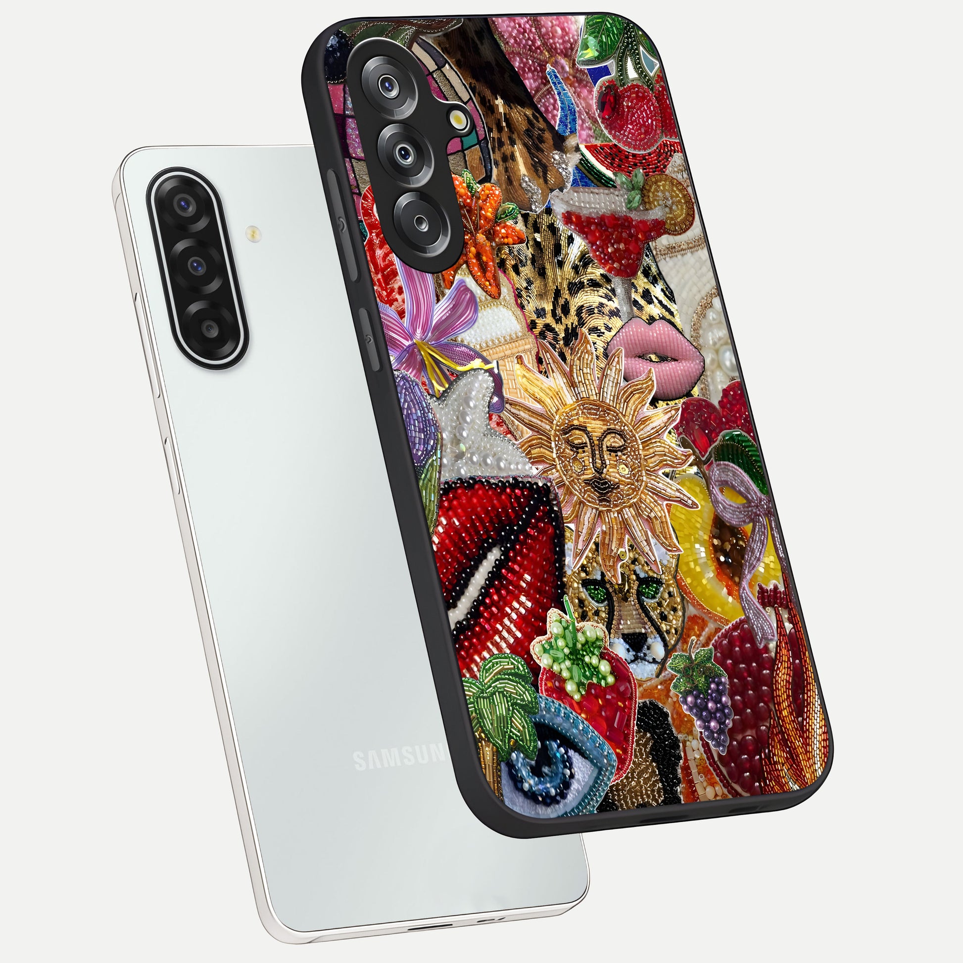 Beaded Fashion Jungle Glass Case displayed in angled mockup highlighting colorful fashion bead design and artistic pattern.