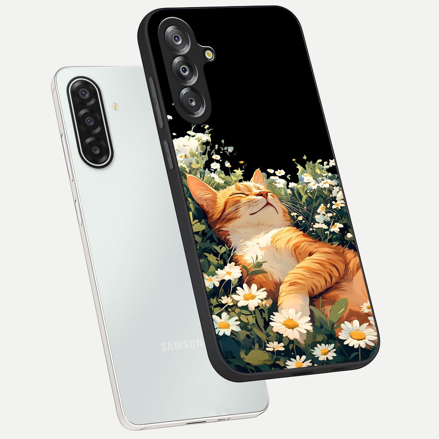 Blissful Bloom Cat Glass Case displayed in angled mockup highlighting playful feline illustration with soft floral aesthetic.