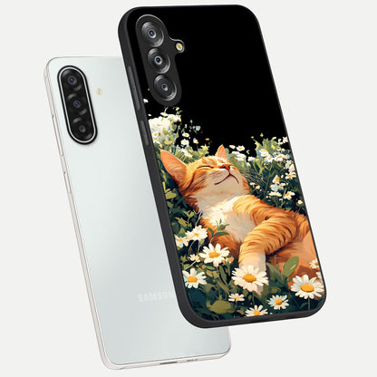 Blissful Bloom Cat Glass Case displayed in angled mockup highlighting playful feline illustration with soft floral aesthetic.