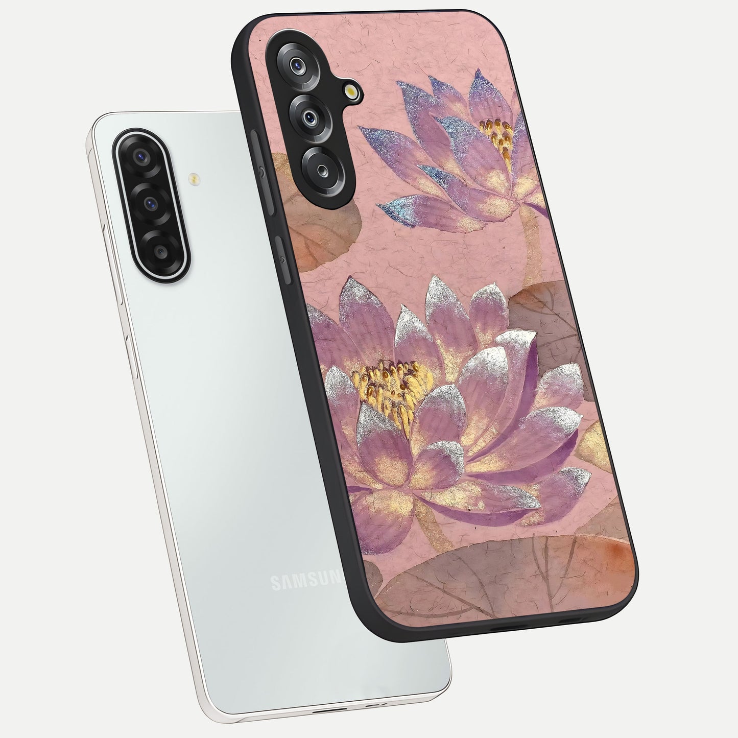 Blossom Mist Lotus Glass Case displayed in angled mockup highlighting delicate lotus illustration with calm aesthetic theme.