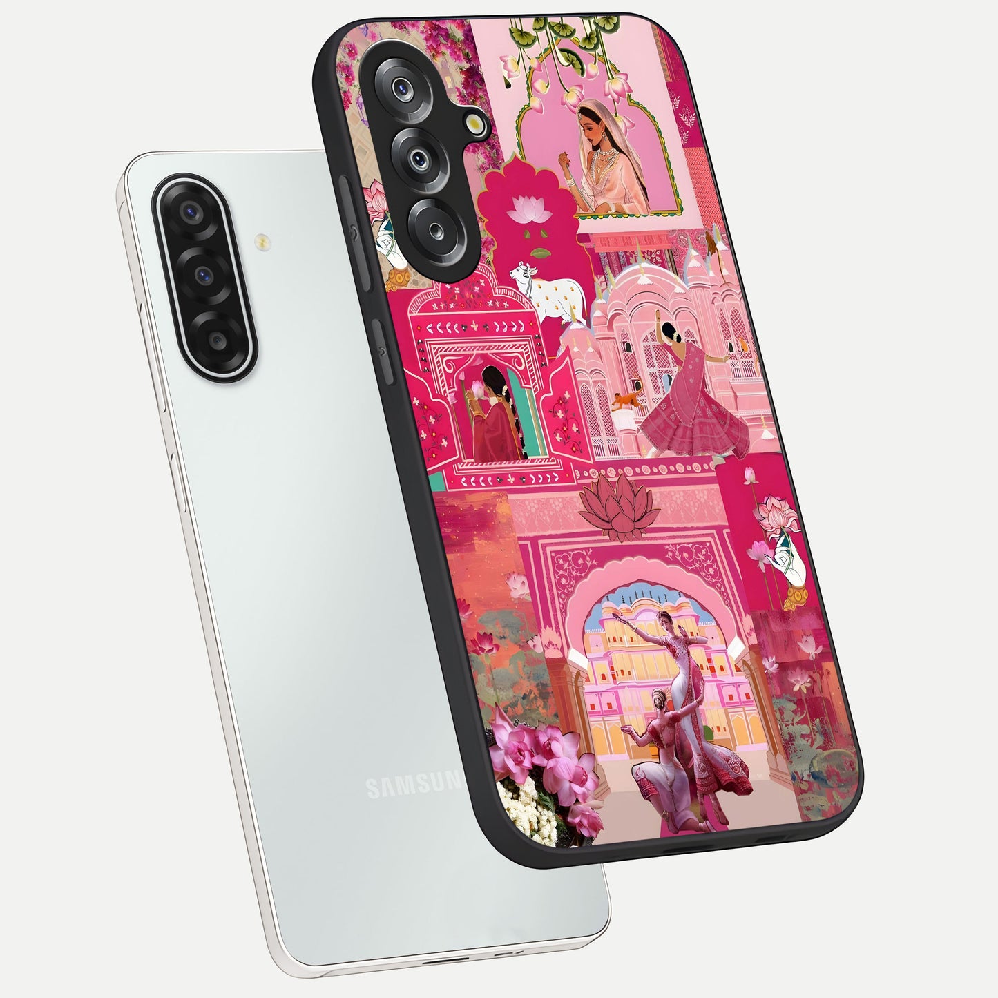 Blossoms of Rajasthan Glass Case displayed in angled mockup highlighting vibrant floral pattern with cultural aesthetic style.
