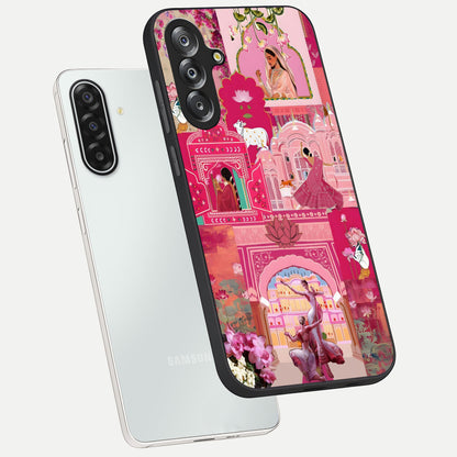 Blossoms of Rajasthan Glass Case displayed in angled mockup highlighting vibrant floral pattern with cultural aesthetic style.