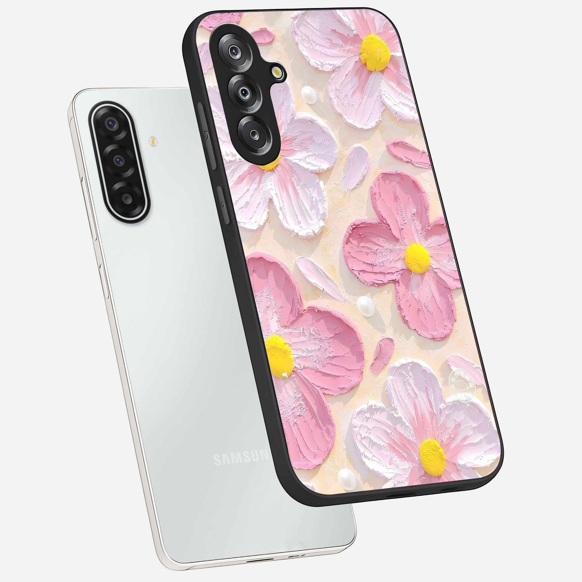 Blush Bloom Texture Glass Case displayed in angled mockup highlighting subtle bloom pattern with aesthetic pastel design.