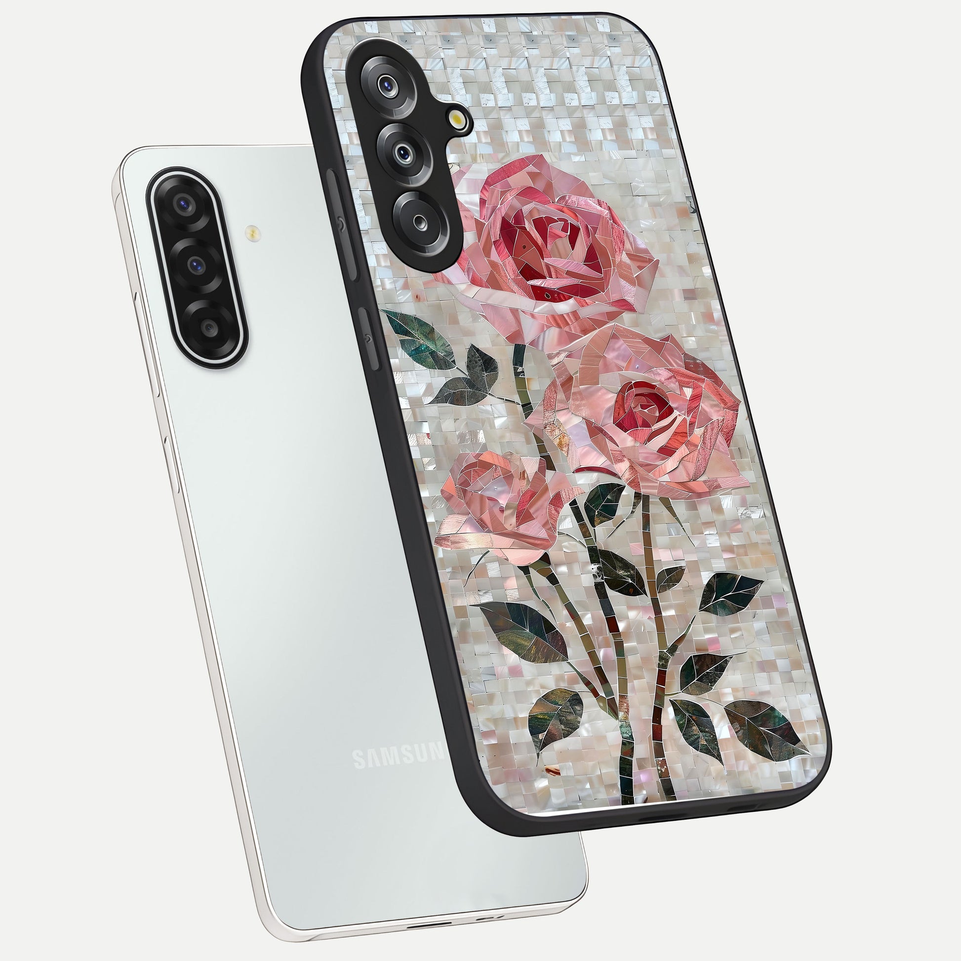 Blush Mosaic Bloom Glass Case displayed in angled mockup highlighting artistic mosaic flower pattern with aesthetic design.