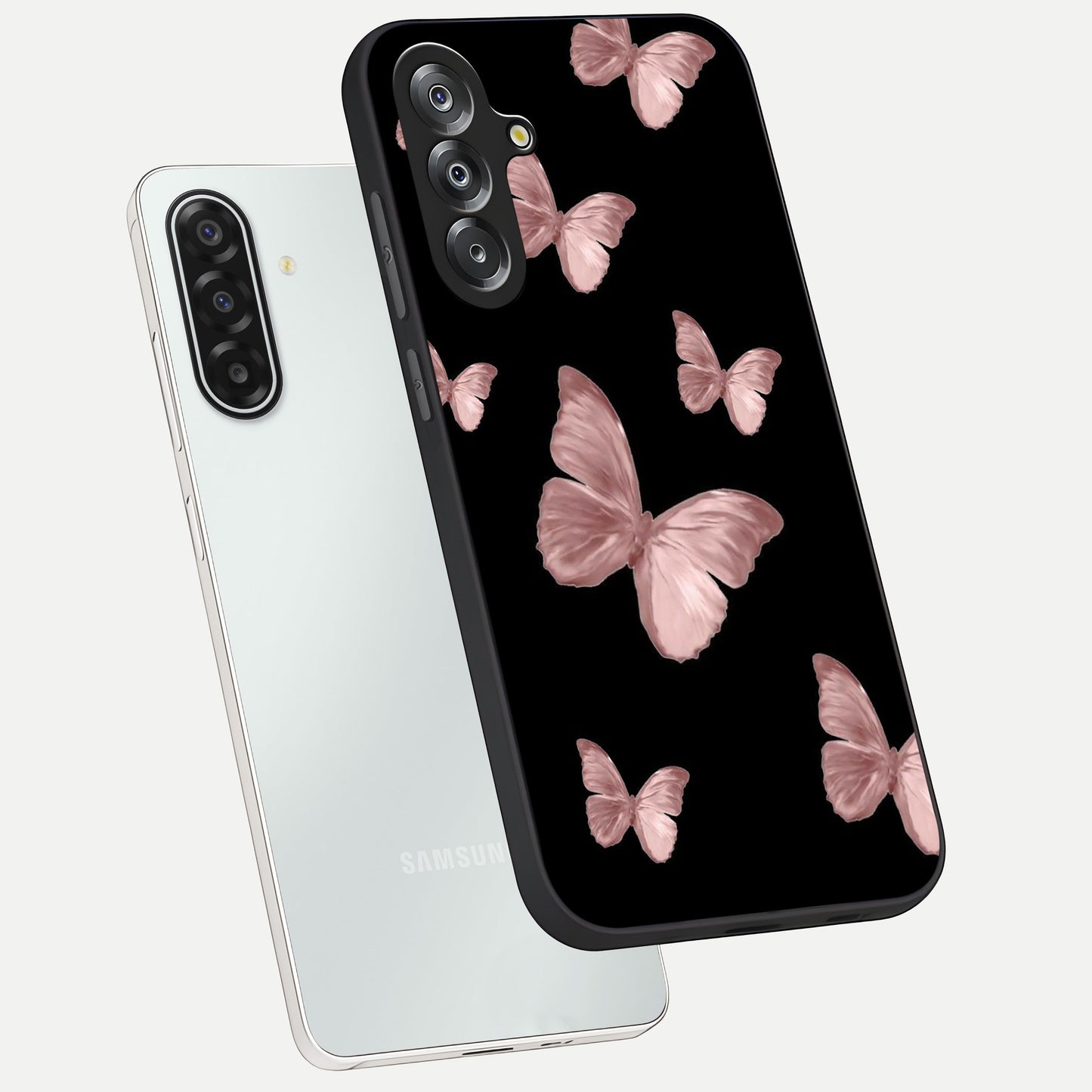 Butterfly Pattern Glass Case displayed in angled mockup highlighting delicate butterfly design and aesthetic pattern style.