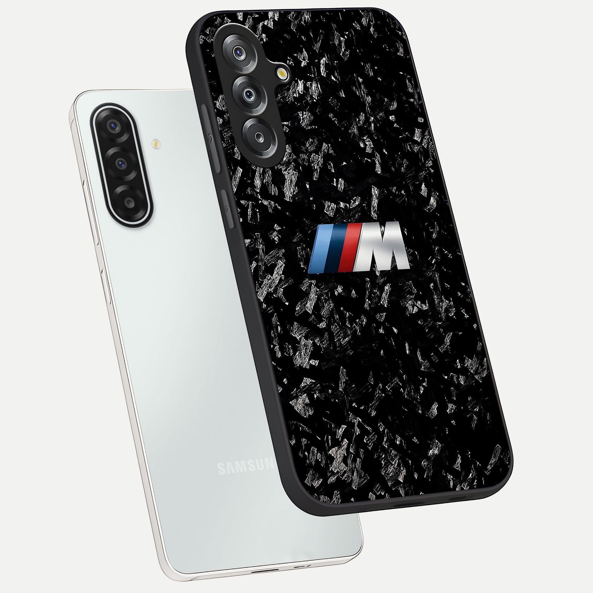 Carbon Speed Mark Glass Case displayed in angled mockup highlighting racing inspired carbon design and sleek aesthetic style.