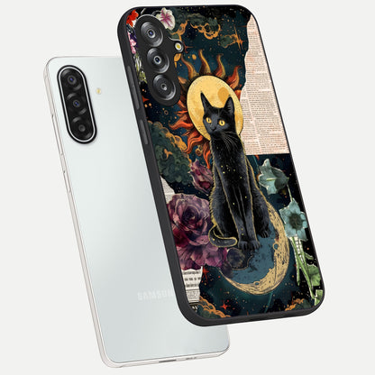 Celestial Black Cat Glass Case displayed in angled mockup highlighting cosmic black cat design with celestial aesthetic.