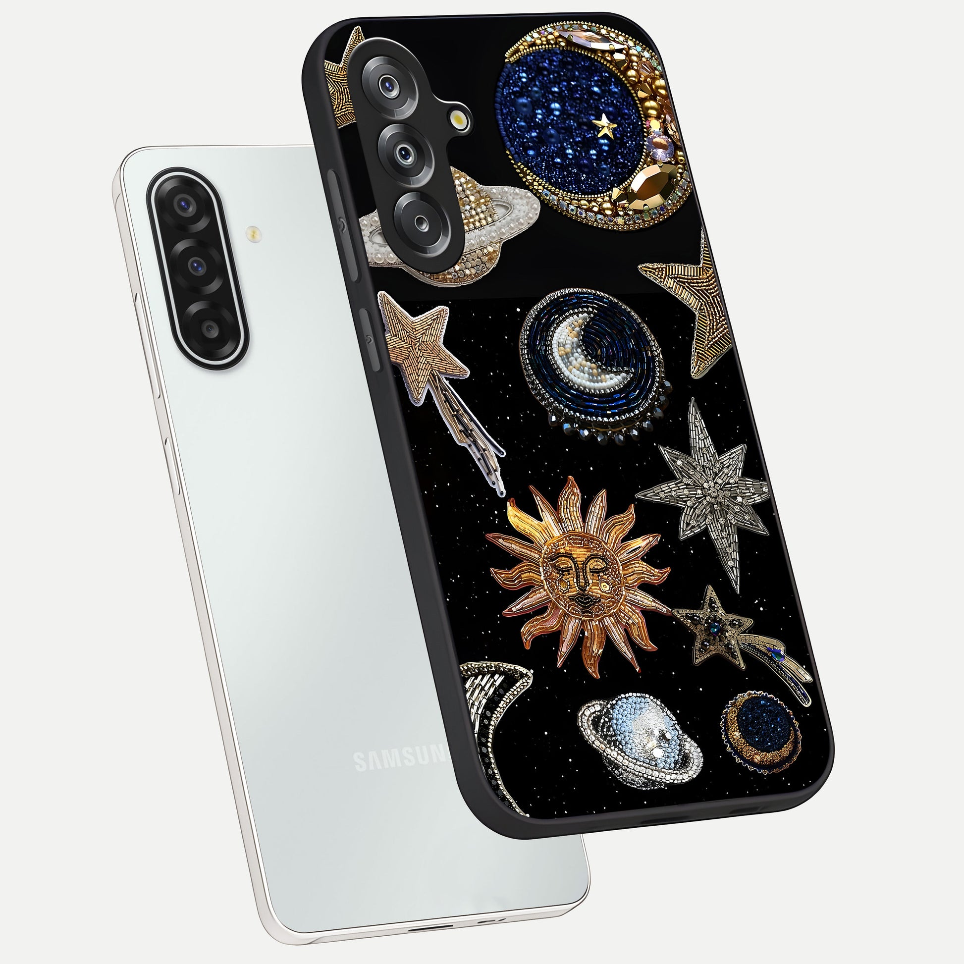 Celestial Gem Constellations Glass Case displayed in angled mockup highlighting gemstone inspired constellation design.