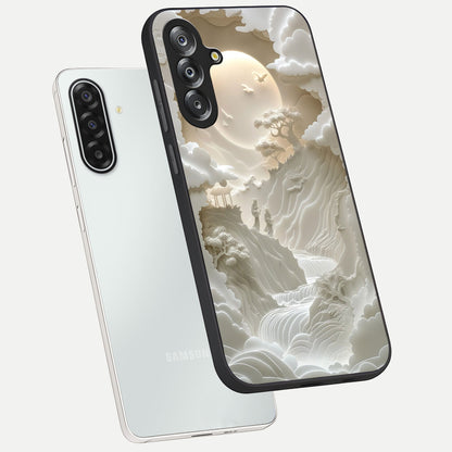 Celestial Origami Glass Case displayed in angled mockup highlighting geometric origami design with cosmic aesthetic theme.