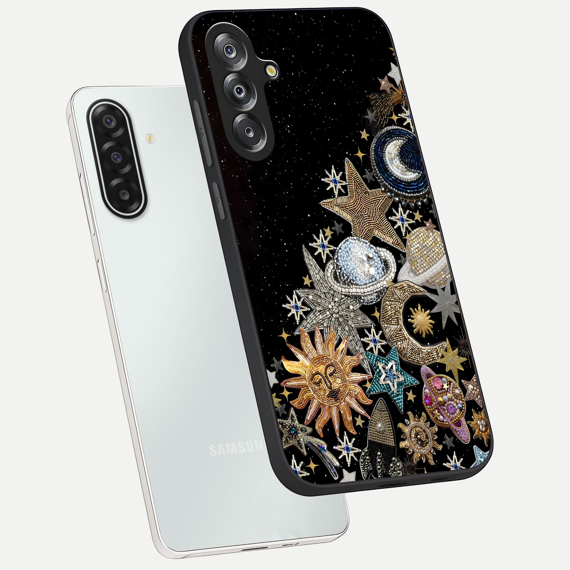 Cosmic Sparkle Dreams Glass Case displayed in angled mockup highlighting dreamy star sparkle design with celestial aesthetic.