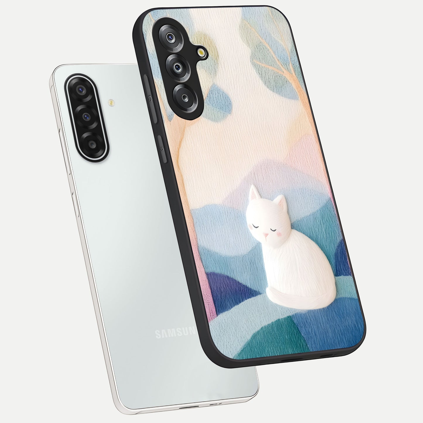 Cotton Dream Cat Glass Case displayed in angled mockup highlighting cute feline illustration with pastel aesthetic style.