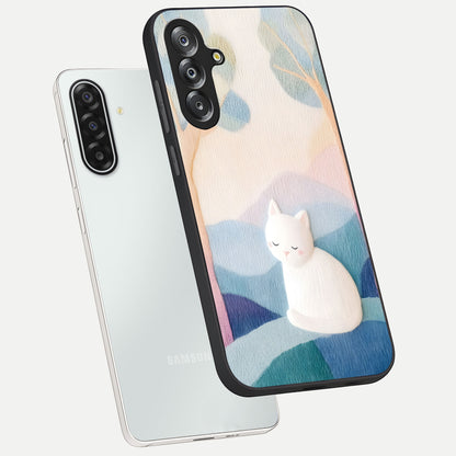 Cotton Dream Cat Glass Case displayed in angled mockup highlighting cute feline illustration with pastel aesthetic style.