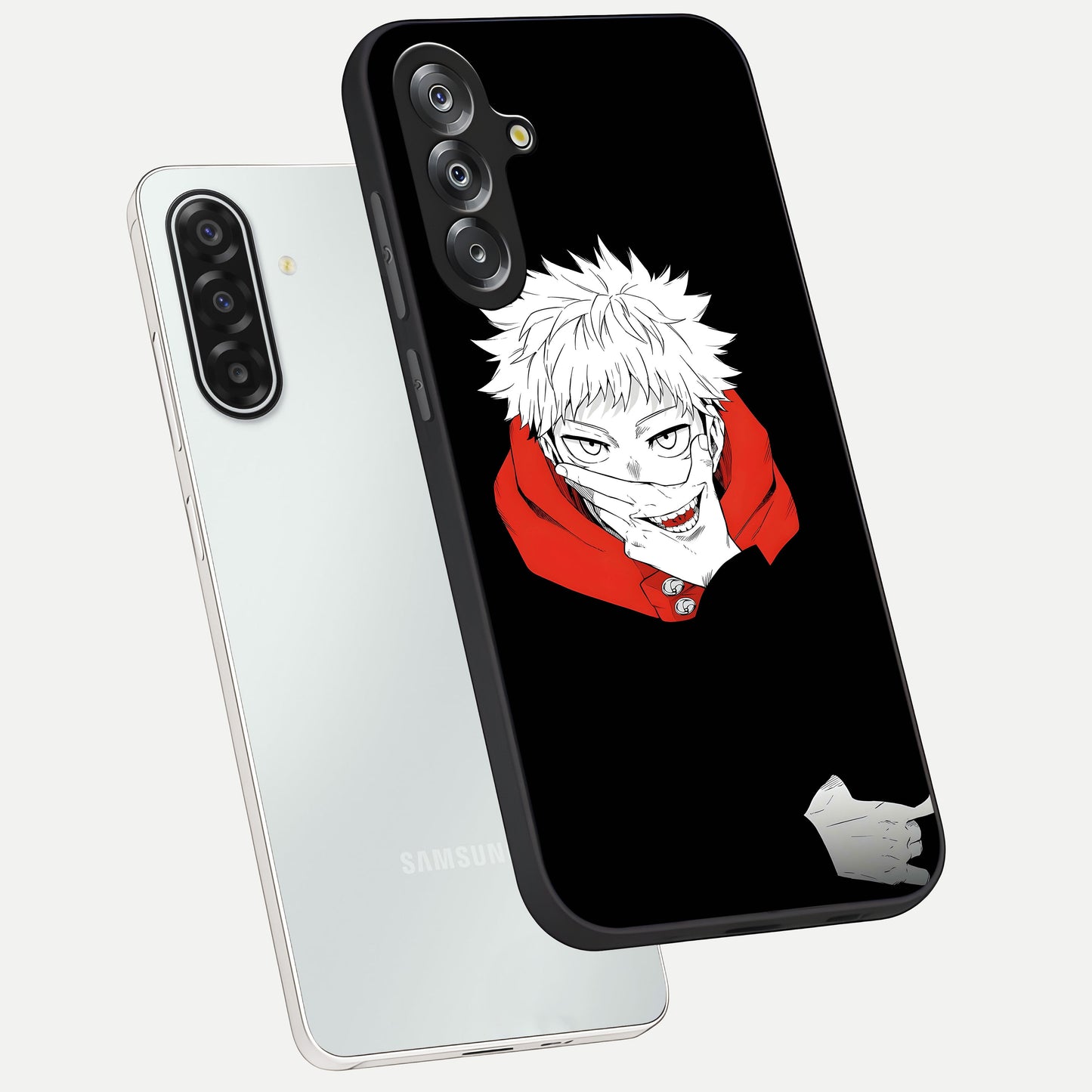 Crimson Chaos Smile Glass Case displayed in angled mockup highlighting edgy crimson smile design with graphic aesthetic.