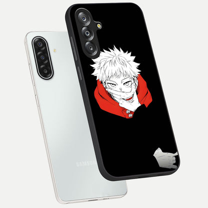 Crimson Chaos Smile Glass Case displayed in angled mockup highlighting edgy crimson smile design with graphic aesthetic.