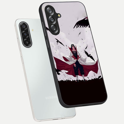 Crimson Crow Ascension Glass Case displayed in angled mockup highlighting powerful crow illustration with dark crimson aesthetic.