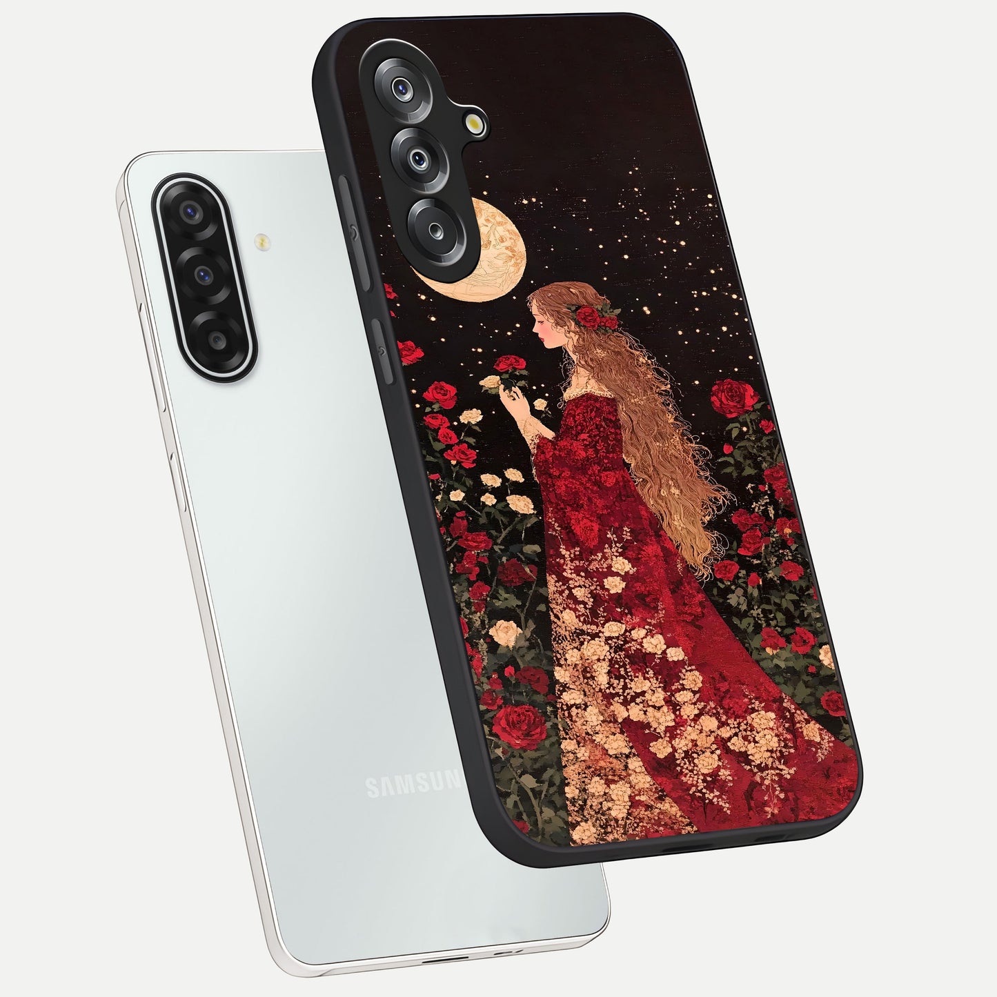 Crimson Dreams Glass Case displayed in angled mockup highlighting soft crimson aesthetic design with artistic theme.