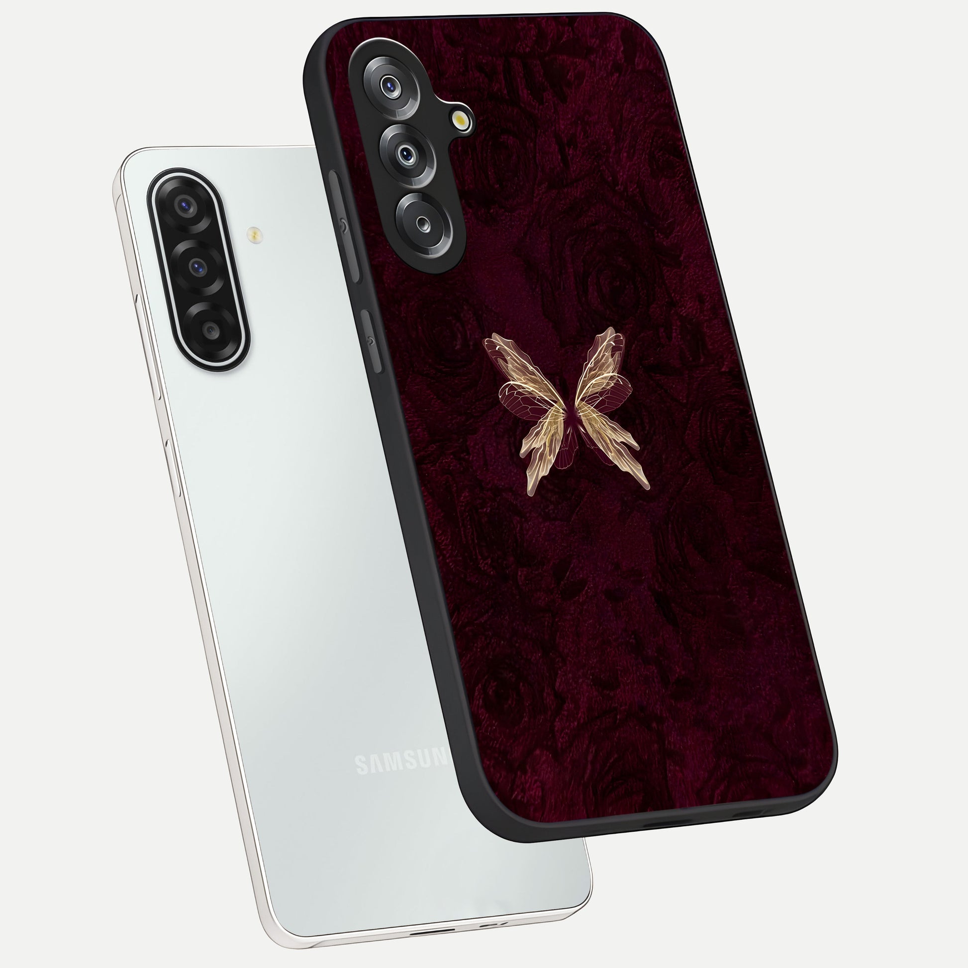 Crimson Fade Butterfly Glass Case displayed in angled mockup highlighting elegant butterfly design with crimson gradient aesthetic.