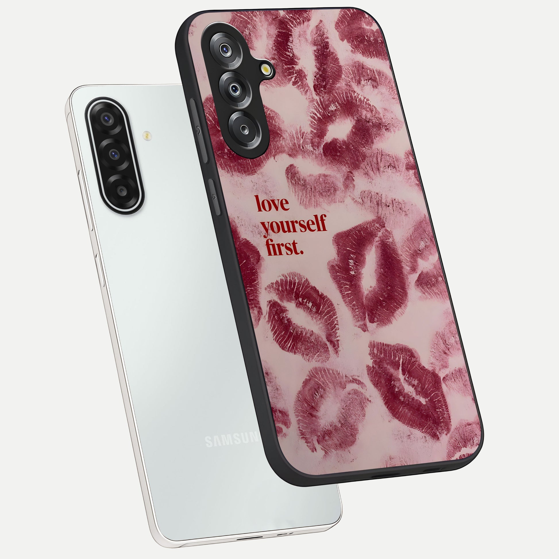Crimson Kiss Love Glass Case displayed in angled mockup highlighting bold love inspired design with modern aesthetic style.