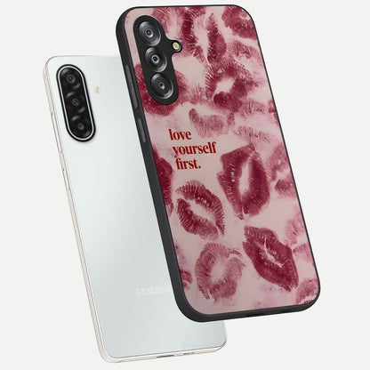 Crimson Kiss Love Glass Case displayed in angled mockup highlighting bold love inspired design with modern aesthetic style.