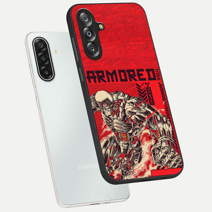 Crimson Mecha Titan Glass Case displayed in angled mockup highlighting futuristic mech illustration with bold crimson aesthetic.
