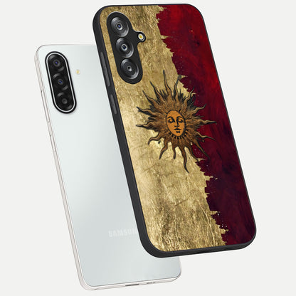 Crimson Sun Majesty Glass Case displayed in angled mockup highlighting majestic crimson sun design with bold aesthetic style.