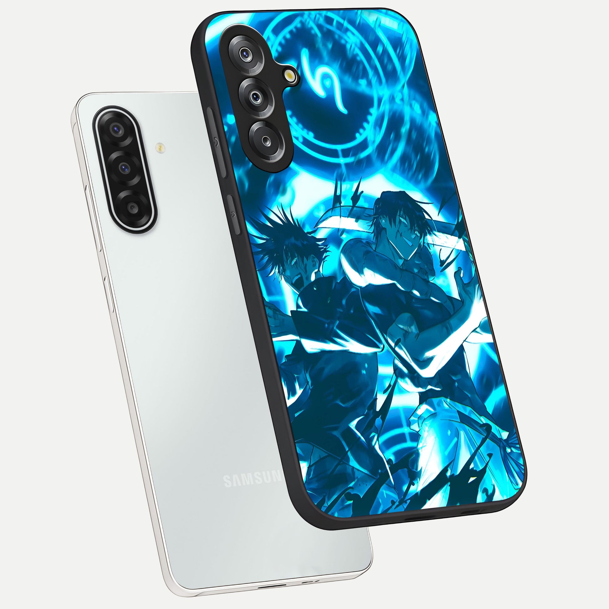 Cursed Energy Clash Glass Case displayed in angled mockup highlighting powerful battle inspired graphic with anime style aesthetic.