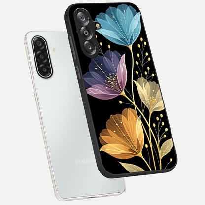 Delicate Multicolor Flowers Glass Case displayed in angled mockup highlighting colorful flower pattern with soft aesthetic style.