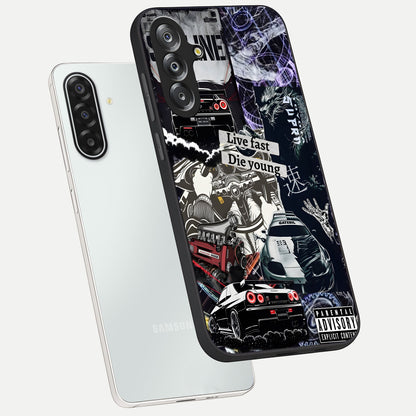 Die Young Glass Case displayed in angled mockup highlighting expressive graphic artwork with edgy aesthetic style.