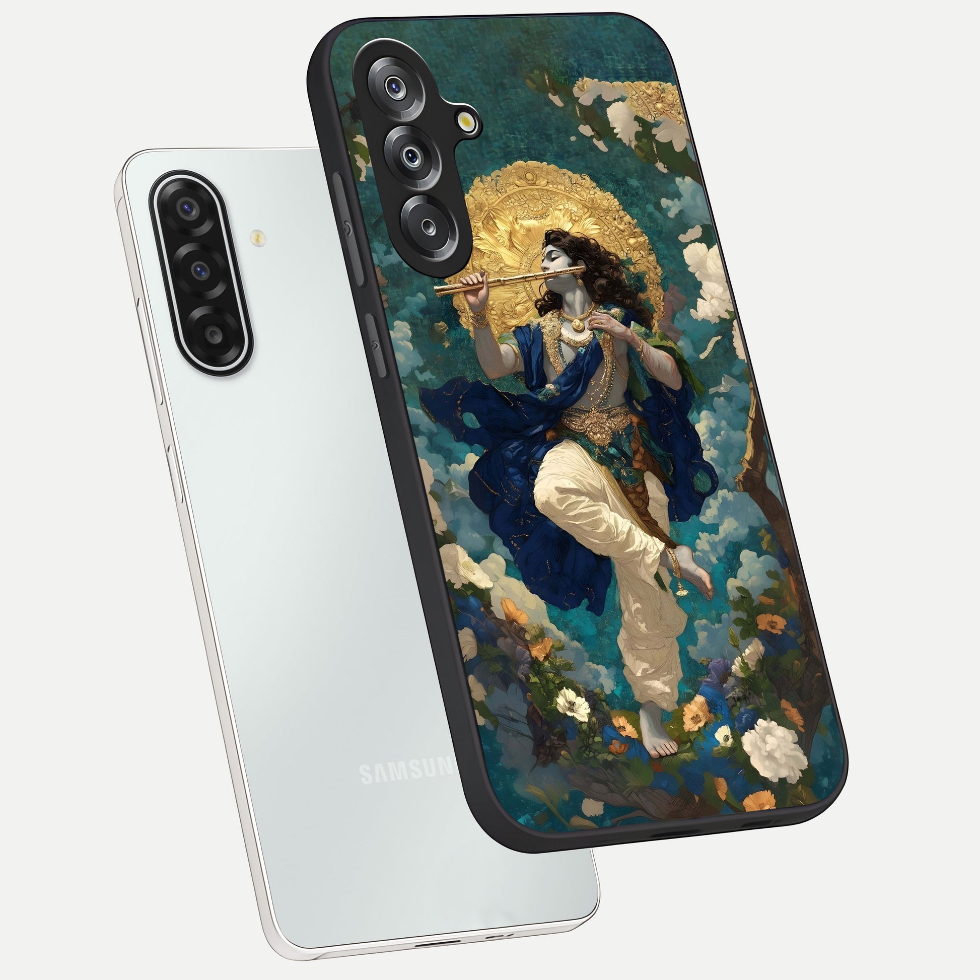 Divine Krishna Art Glass Case displayed in angled mockup highlighting spiritual Krishna illustration with devotional aesthetic.