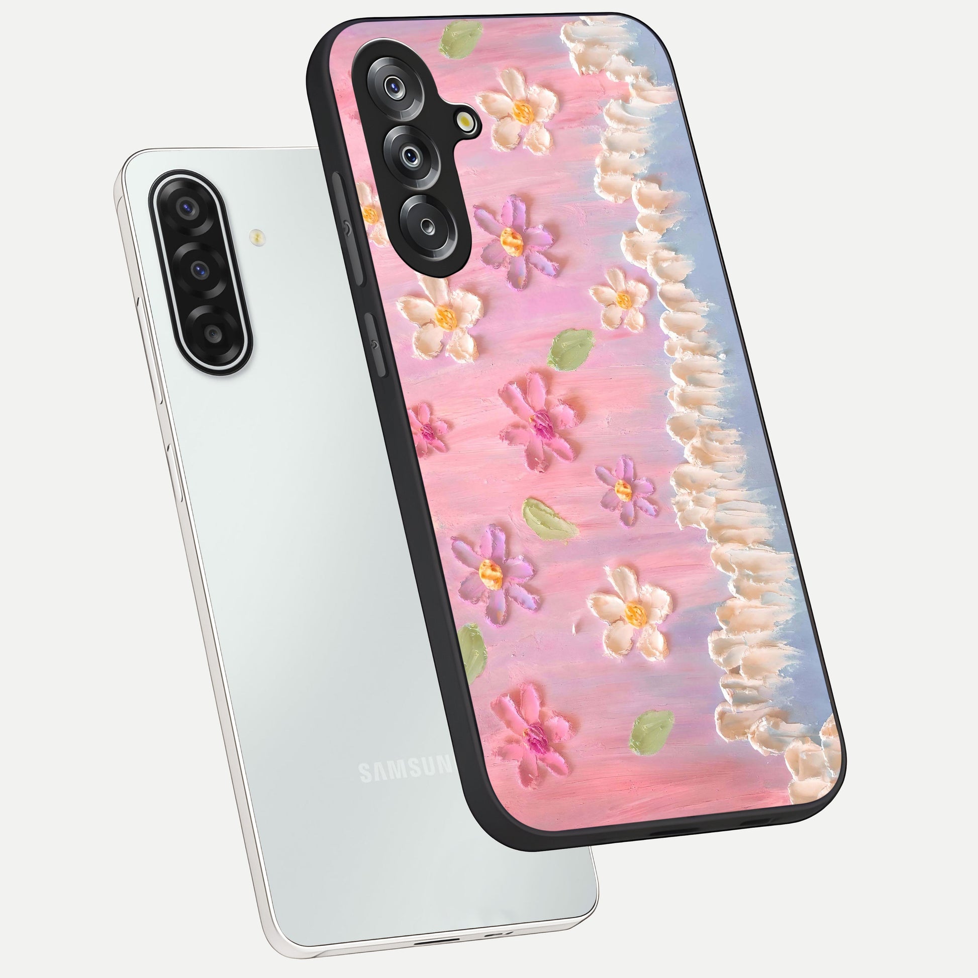 Dreamy Painted Garden Glass Case displayed in angled mockup highlighting colorful garden illustration with dreamy aesthetic style.