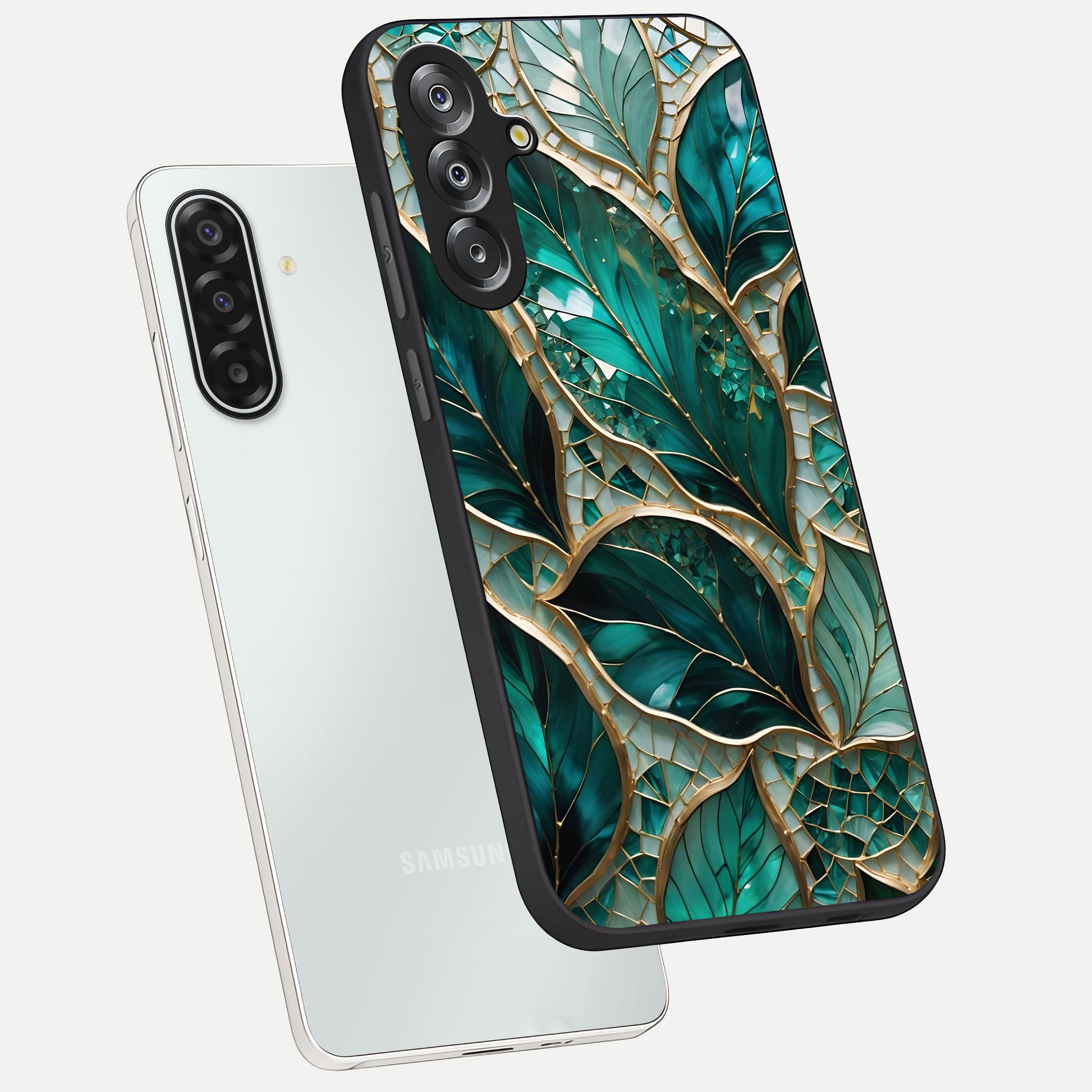Emerald Leaf Glass Glass Case displayed in angled mockup highlighting botanical leaf illustration with elegant natural aesthetic.
