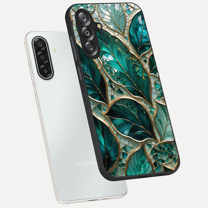 Emerald Leaf Glass Glass Case displayed in angled mockup highlighting botanical leaf illustration with elegant natural aesthetic.