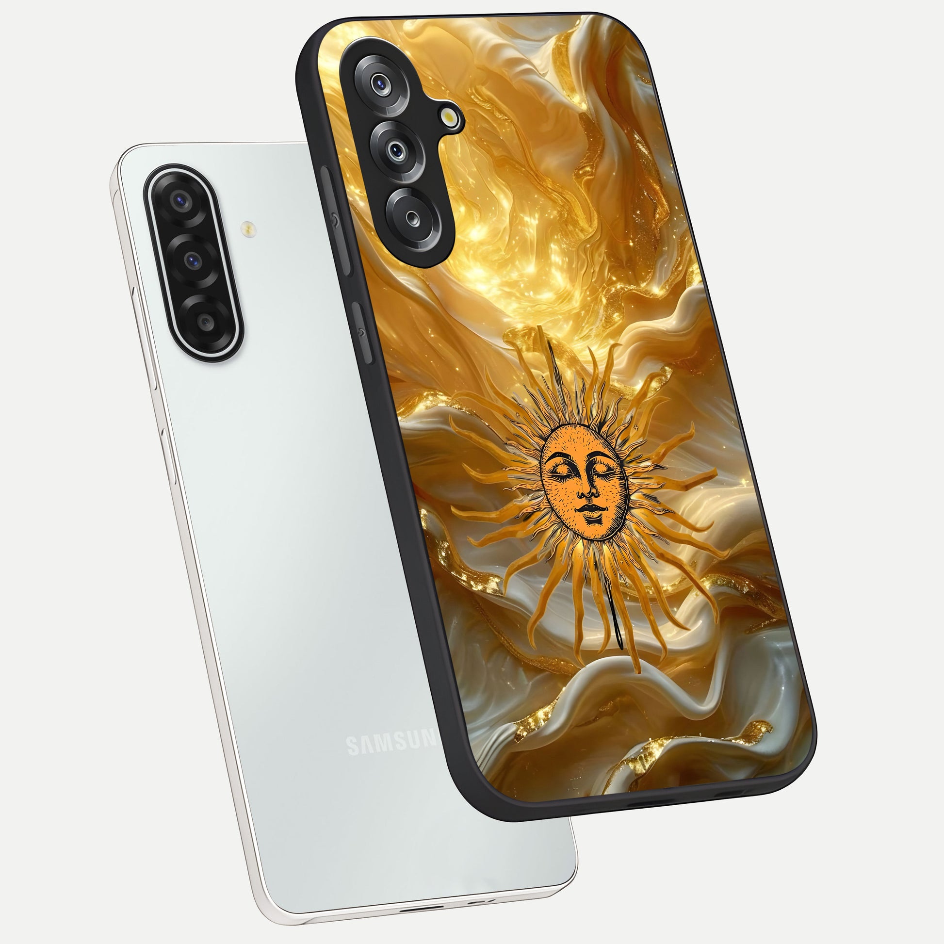 Eternal Golden Glow Glass Case displayed in angled mockup highlighting glowing golden aesthetic design with elegant style.