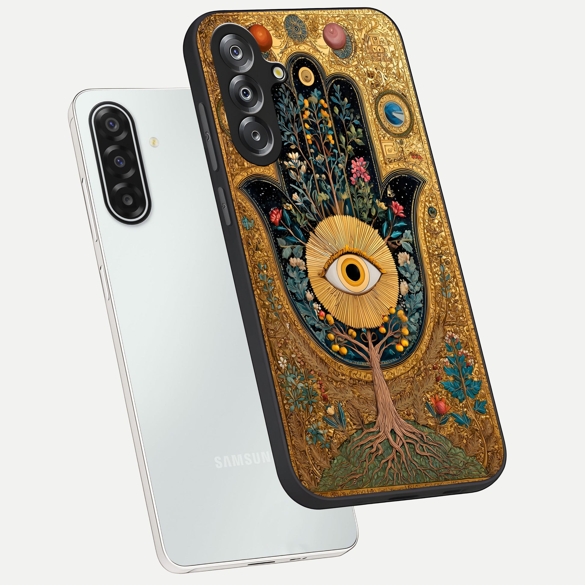 Ethereal Evil Eye Glass Case displayed in angled mockup highlighting protective evil eye symbol with spiritual aesthetic design.