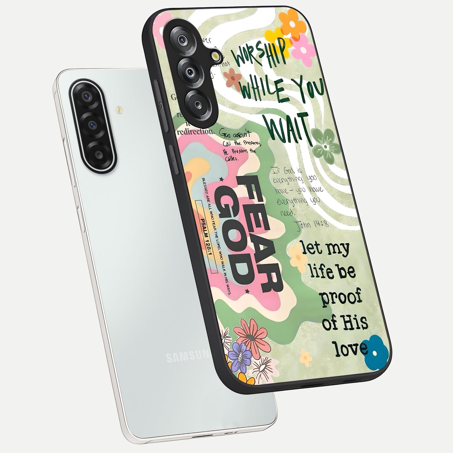Faith Over Fear Glass Case displayed in angled mockup highlighting inspirational message design with modern aesthetic style.