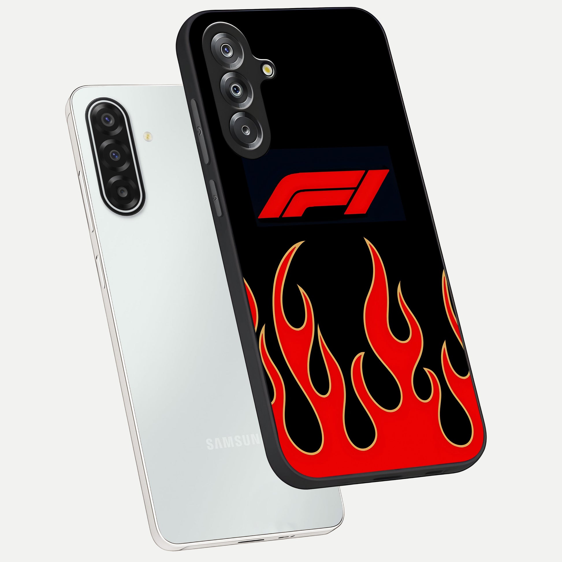 Fire F11 Glass Case displayed in angled mockup highlighting bold fire inspired graphic with energetic aesthetic style.
