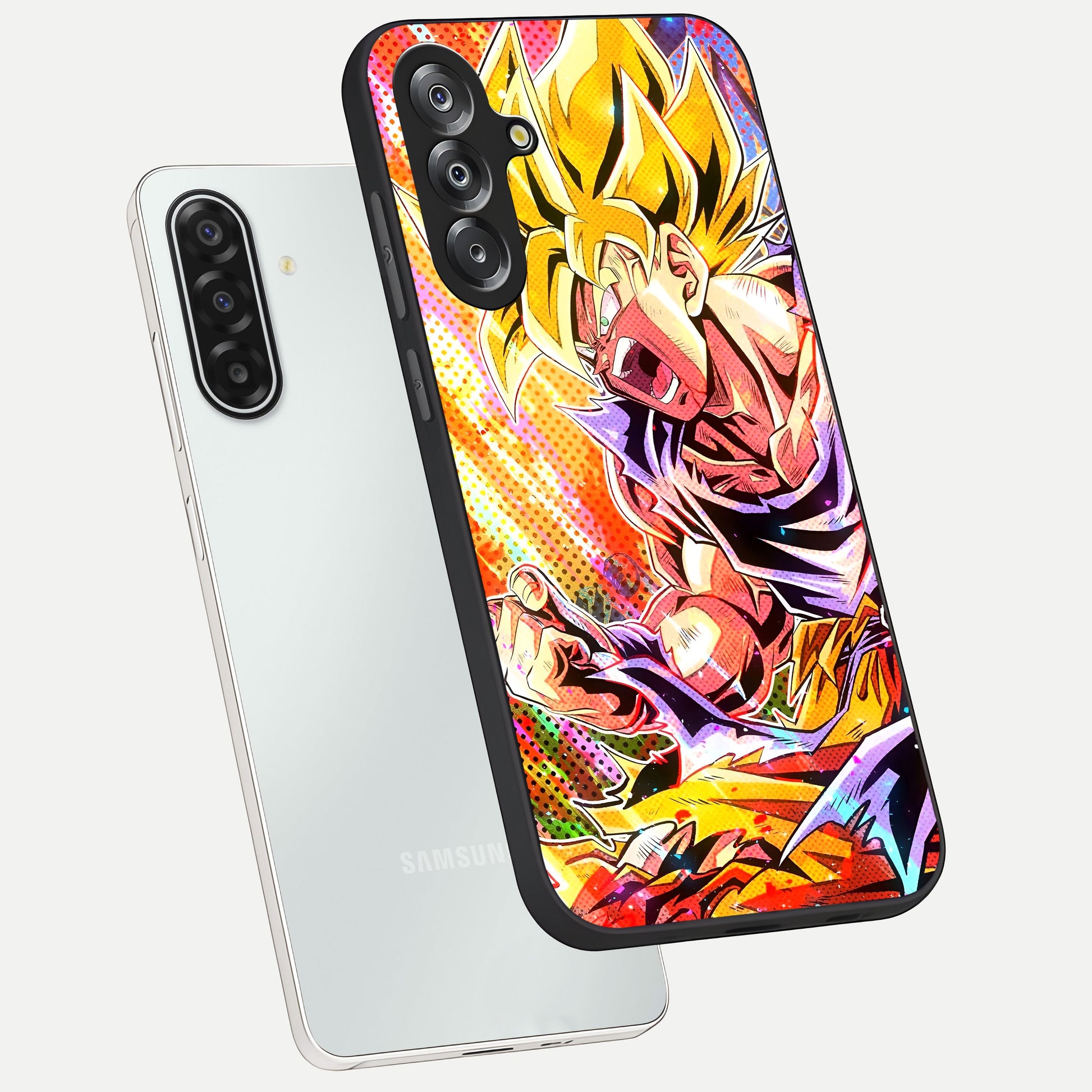 Firing Goku Glass Case displayed in angled mockup highlighting dynamic anime character design with action aesthetic.