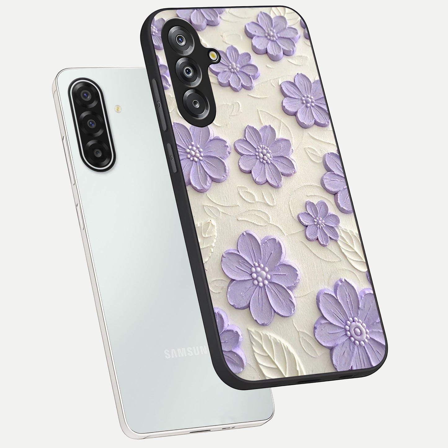 Floral Wall Art With Purple Flowers Glass Case displayed in angled mockup highlighting vibrant purple floral illustration with artistic aesthetic.
