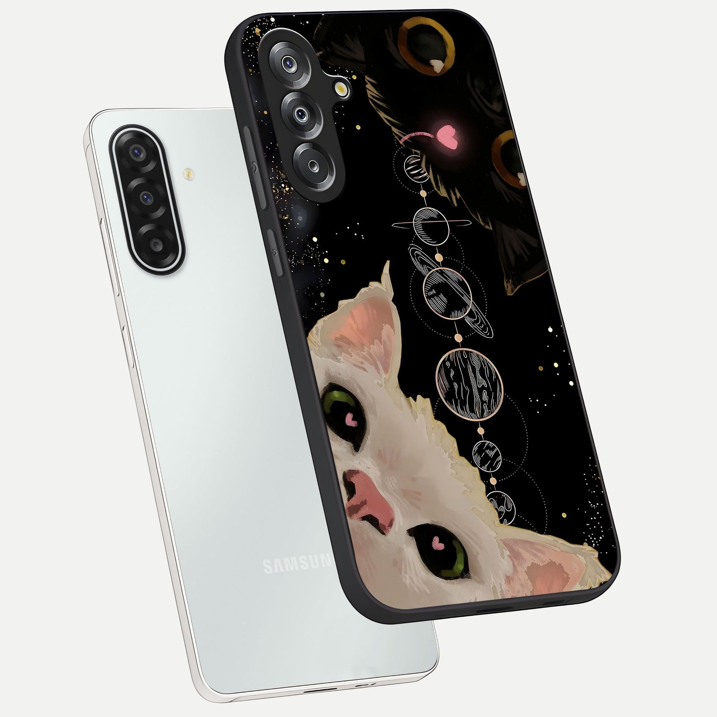 Galactic Cat Glass Case displayed in angled mockup highlighting celestial feline illustration with galaxy aesthetic style.
