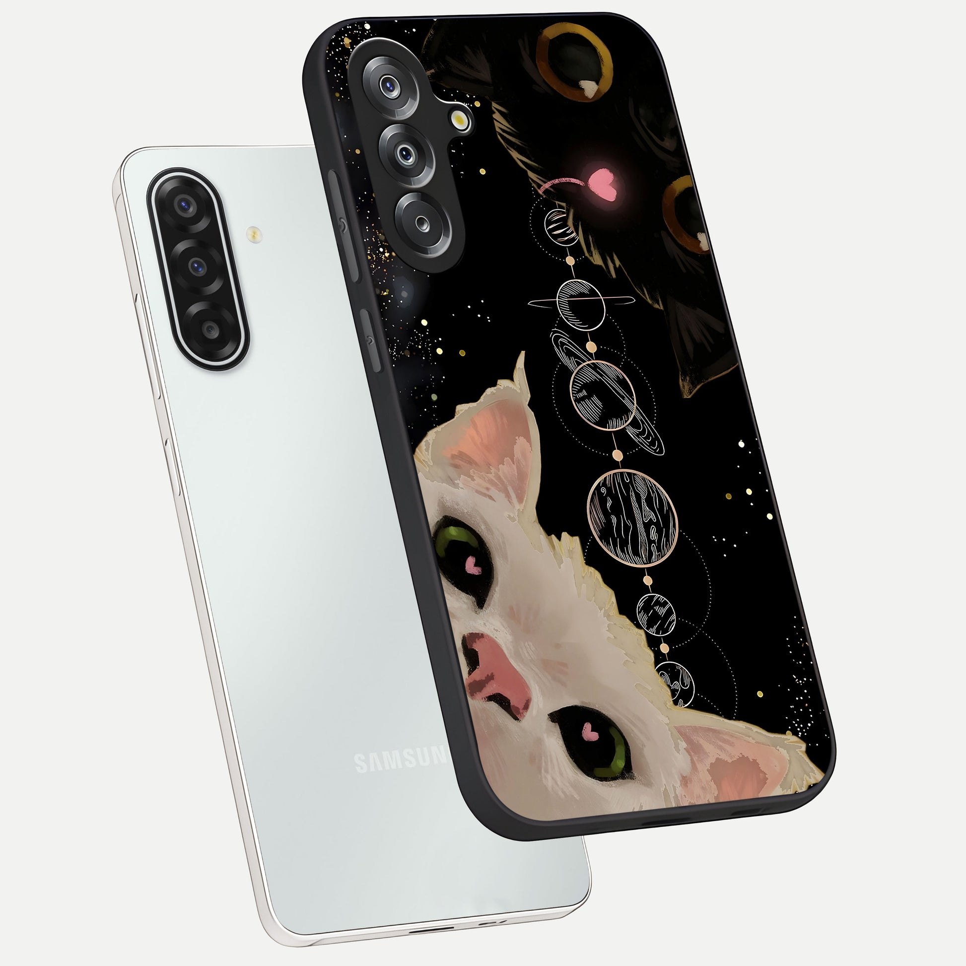 Galactic Cat Glass Case displayed in angled mockup highlighting celestial feline illustration with galaxy aesthetic style.