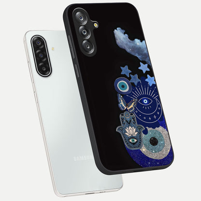 Galactic Charm Cluster Glass Case displayed in angled mockup highlighting luminous galaxy inspired design with dreamy aesthetic.