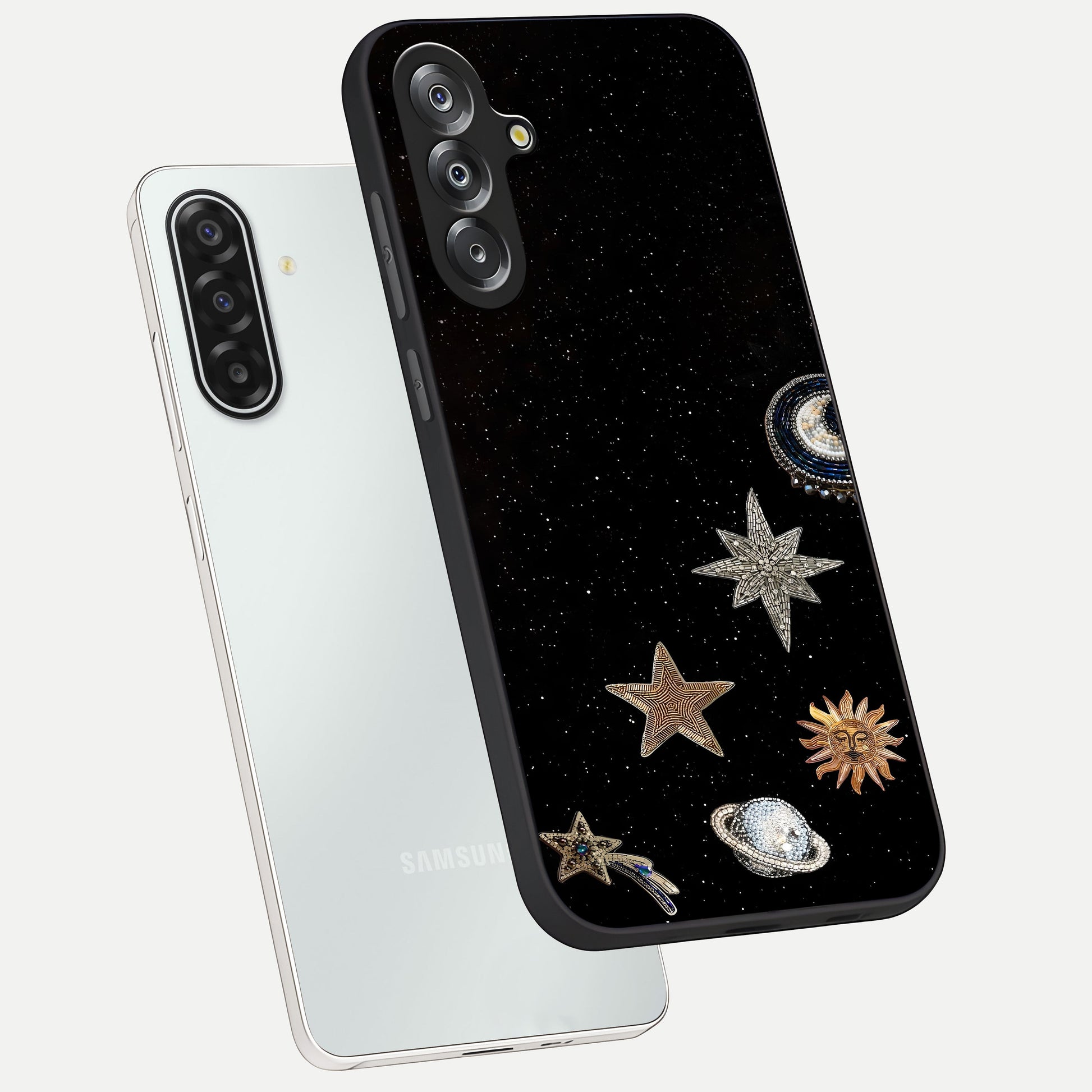 Galactic Charm Glow Glass Case displayed in angled mockup highlighting luminous galaxy inspired design with dreamy aesthetic.