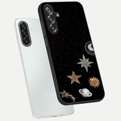 Galactic Charm Glow Glass Case displayed in angled mockup highlighting luminous galaxy inspired design with dreamy aesthetic.