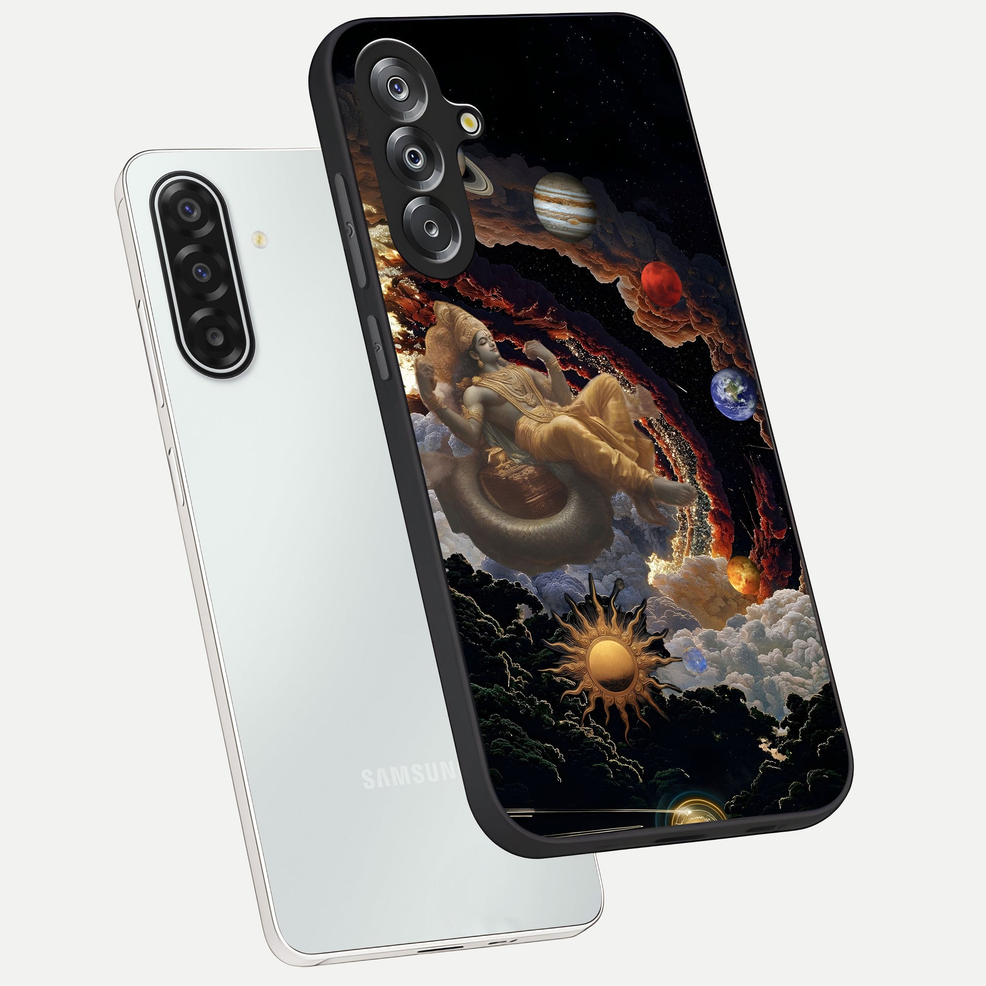 Galactic Divine God Glass Case displayed in angled mockup highlighting powerful celestial deity illustration with galactic aesthetic.