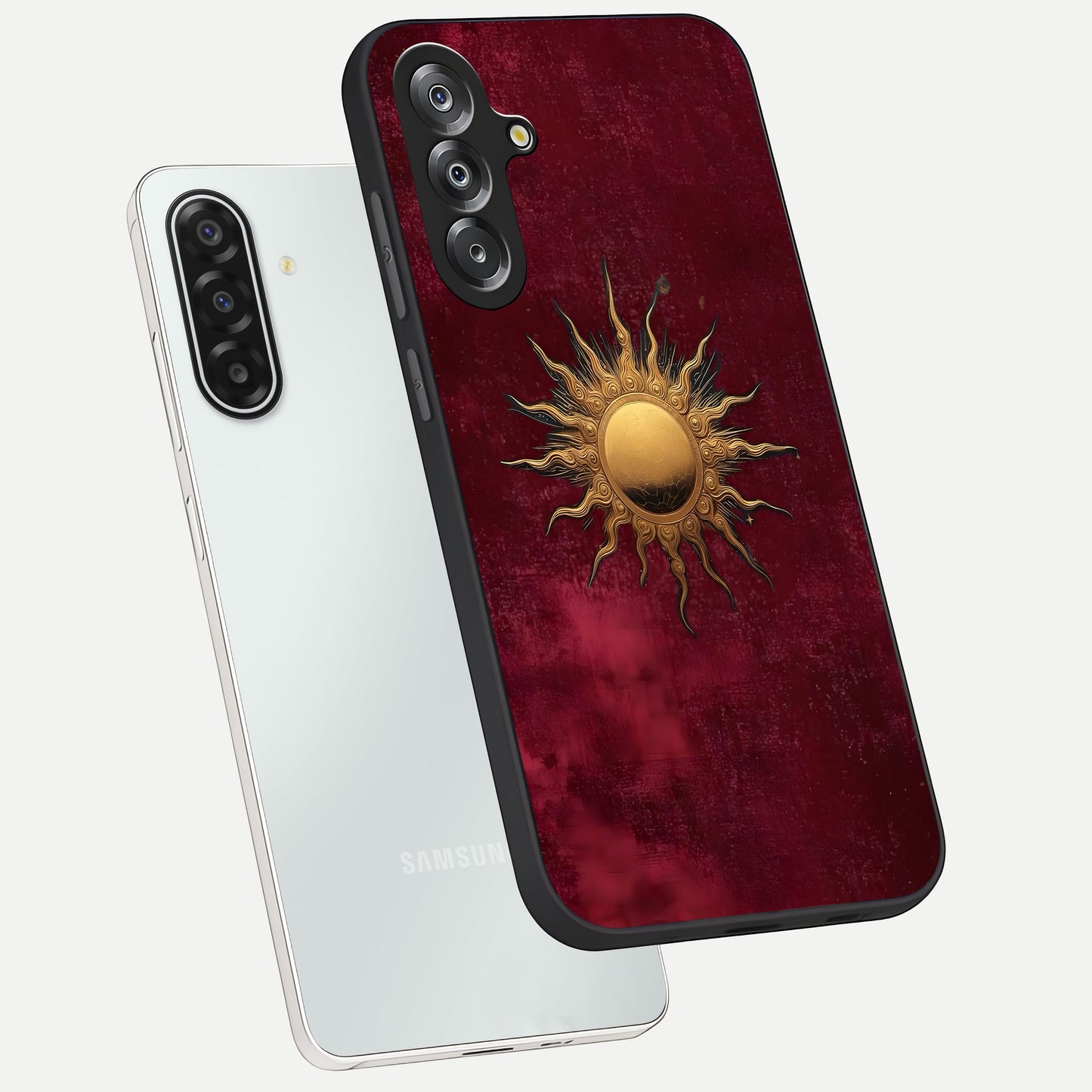 Golden Sun Minimalism Glass Case displayed in angled mockup highlighting clean sun symbol design with modern minimal aesthetic.
