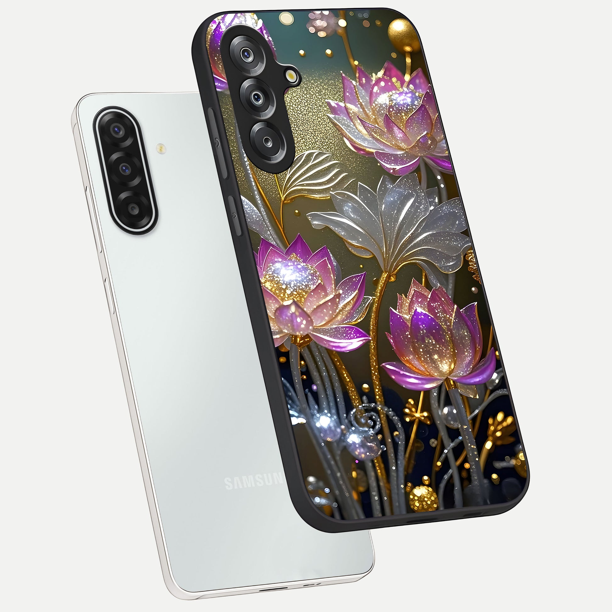 Golden Floral Majesty Glass Case displayed in angled mockup highlighting elegant flower design with royal golden aesthetic.
