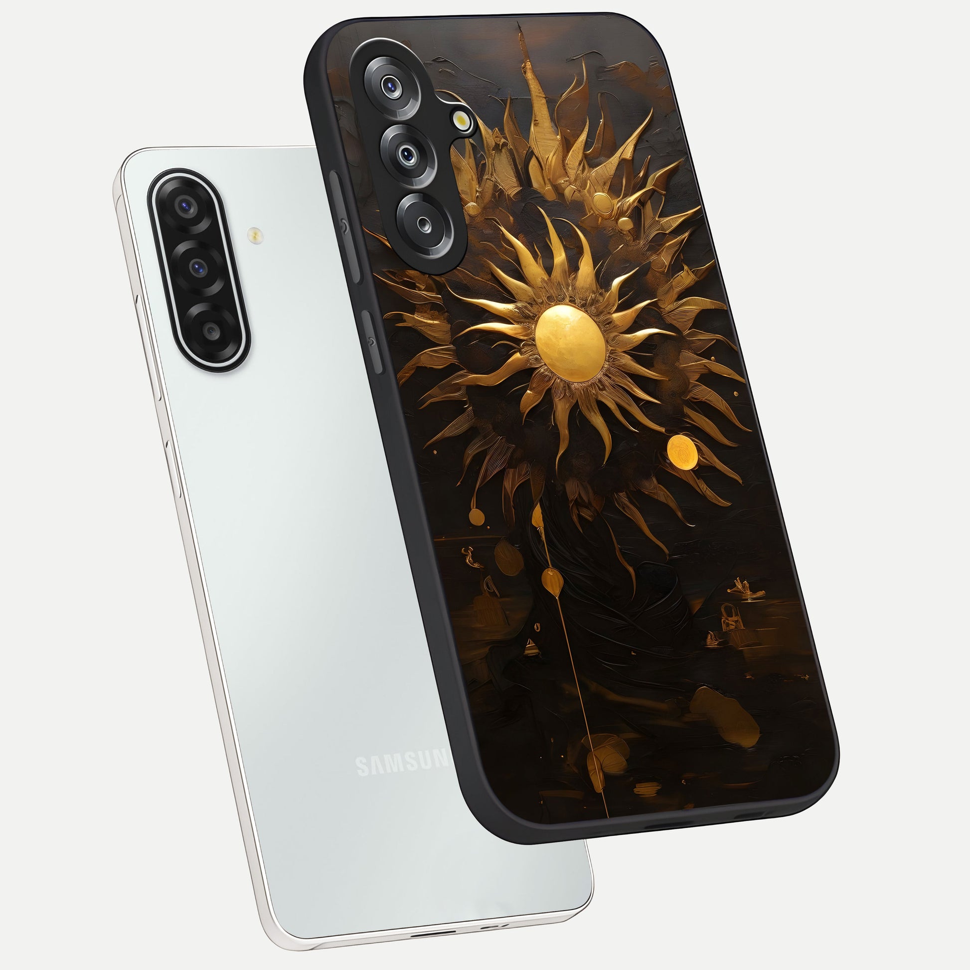 Golden Sun Majesty Glass Case displayed in angled mockup highlighting eerie shadow illustration with gothic aesthetic.
