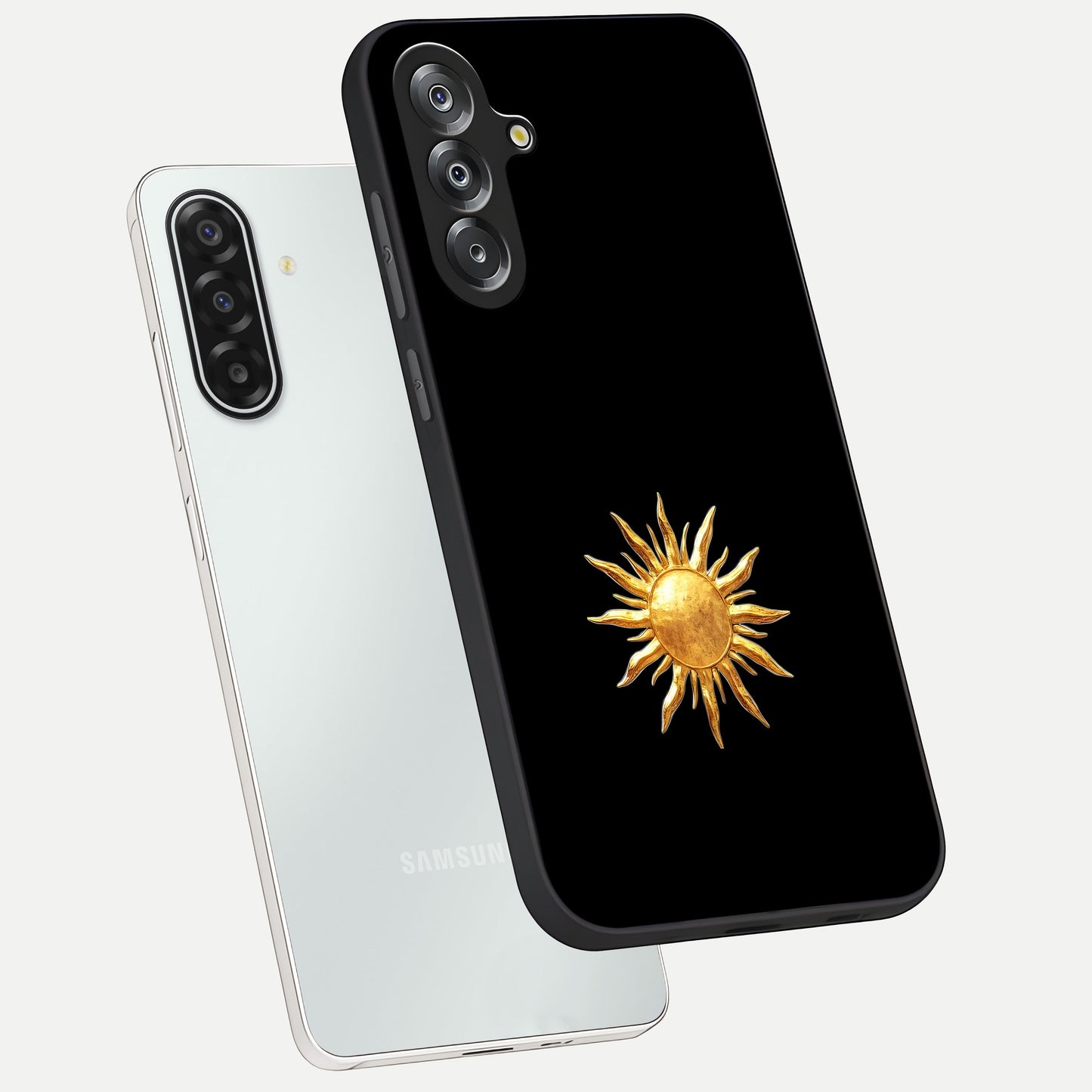 Golden Sun Minimalism Glass Case displayed in angled mockup highlighting eerie shadow illustration with gothic aesthetic.