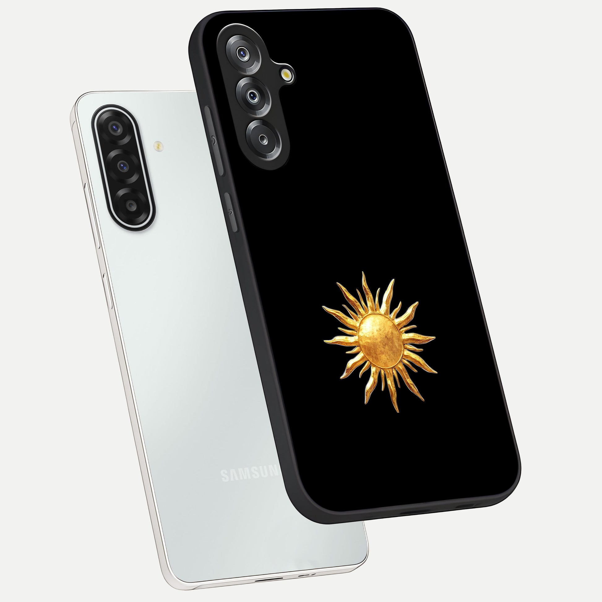 Golden Sun Minimalism Glass Case displayed in angled mockup highlighting eerie shadow illustration with gothic aesthetic.
