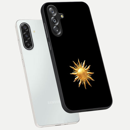 Golden Sun Minimalism Glass Case displayed in angled mockup highlighting eerie shadow illustration with gothic aesthetic.